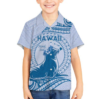 Personalised Hawaii Monk Seal Family Matching Off Shoulder Maxi Dress and Hawaiian Shirt Polynesian Tattoo With Tropical Flowers - Blue Pastel LT14 Son's Shirt Blue - Polynesian Pride