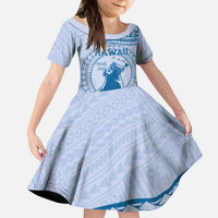 Personalised Hawaii Monk Seal Family Matching Puletasi and Hawaiian Shirt Polynesian Tattoo With Tropical Flowers - Blue Pastel LT14 Daughter's Dress Blue - Polynesian Pride