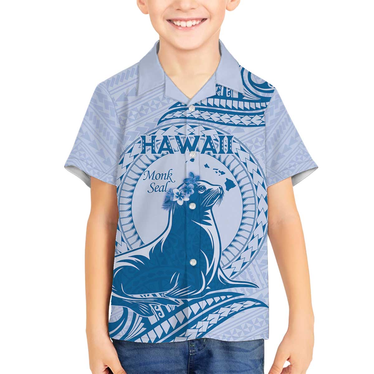 Personalised Hawaii Monk Seal Family Matching Puletasi and Hawaiian Shirt Polynesian Tattoo With Tropical Flowers - Blue Pastel LT14 Son's Shirt Blue - Polynesian Pride