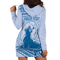 Personalised Hawaii Monk Seal Hoodie Dress Polynesian Tattoo With Tropical Flowers - Blue Pastel LT14 - Polynesian Pride