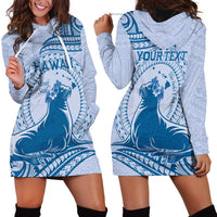 Personalised Hawaii Monk Seal Hoodie Dress Polynesian Tattoo With Tropical Flowers - Blue Pastel LT14 - Polynesian Pride