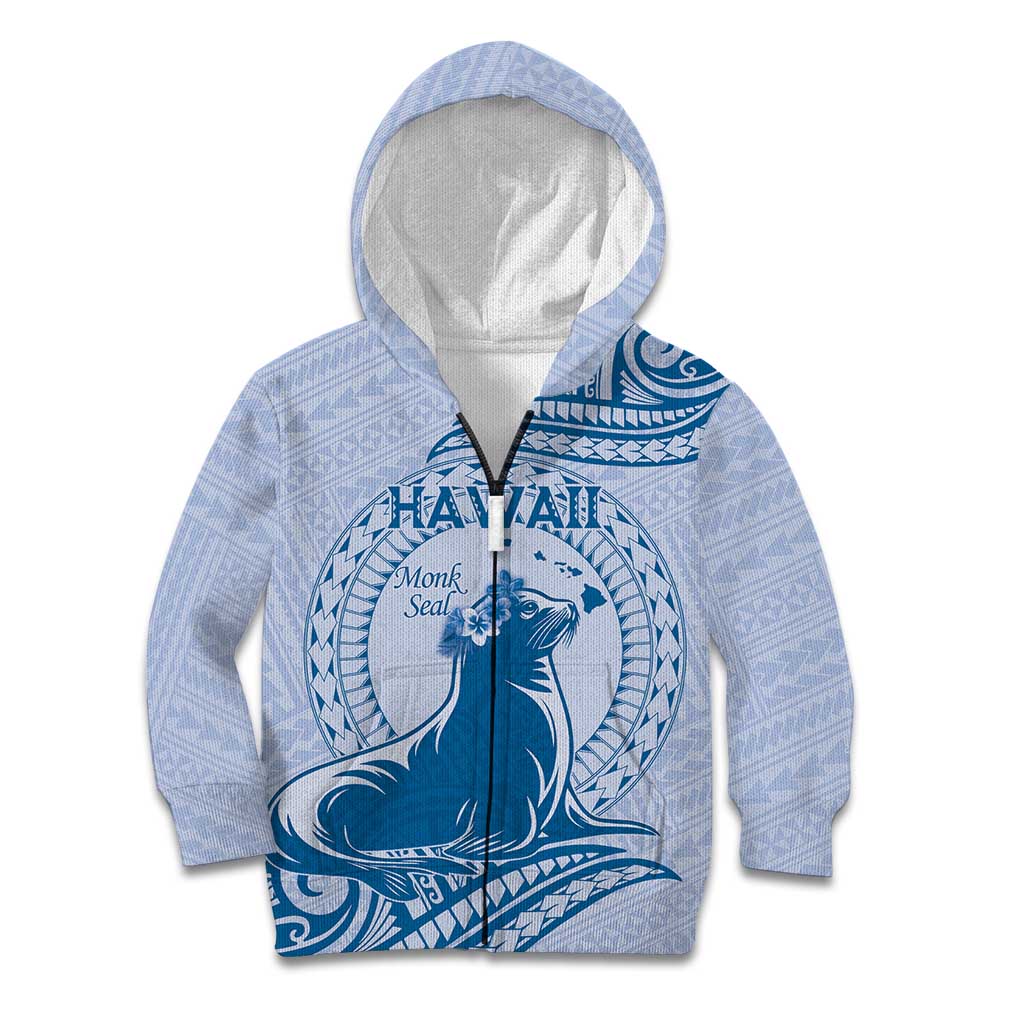 Personalised Hawaii Monk Seal Kid Hoodie Polynesian Tattoo With Tropical Flowers - Blue Pastel
