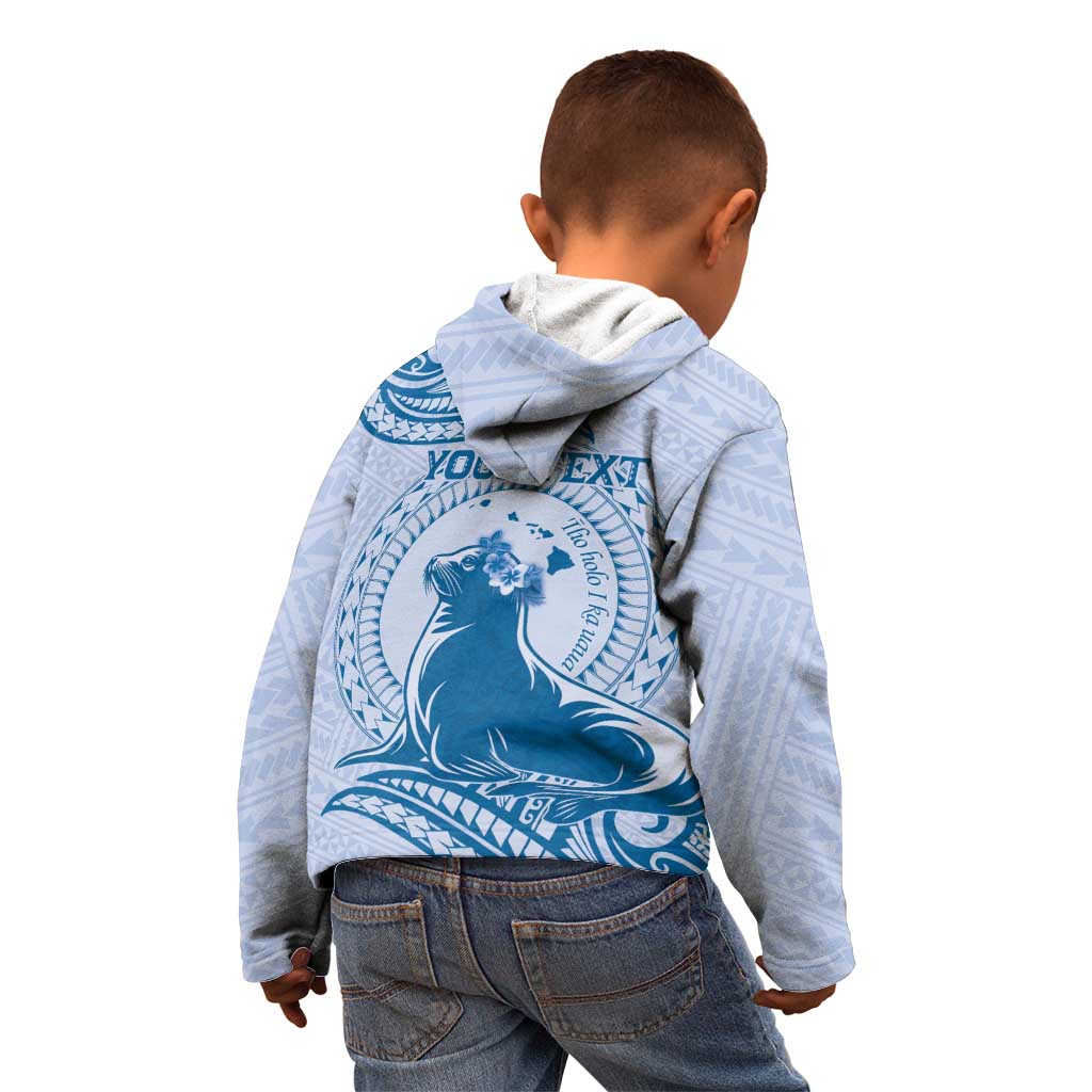 Personalised Hawaii Monk Seal Kid Hoodie Polynesian Tattoo With Tropical Flowers - Blue Pastel