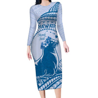 Personalised Hawaii Monk Seal Long Sleeve Bodycon Dress Polynesian Tattoo With Tropical Flowers - Blue Pastel LT14 Long Dress Blue - Polynesian Pride
