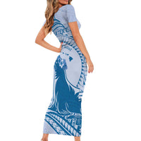 Personalised Hawaii Monk Seal Short Sleeve Bodycon Dress Polynesian Tattoo With Tropical Flowers - Blue Pastel LT14 - Polynesian Pride