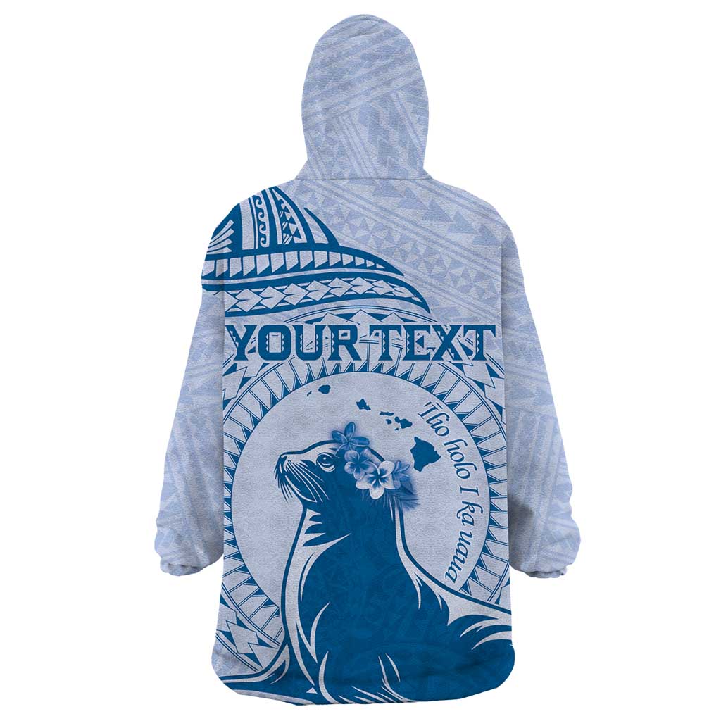 Personalised Hawaii Monk Seal Wearable Blanket Hoodie Polynesian Tattoo With Tropical Flowers - Blue Pastel LT14 - Polynesian Pride