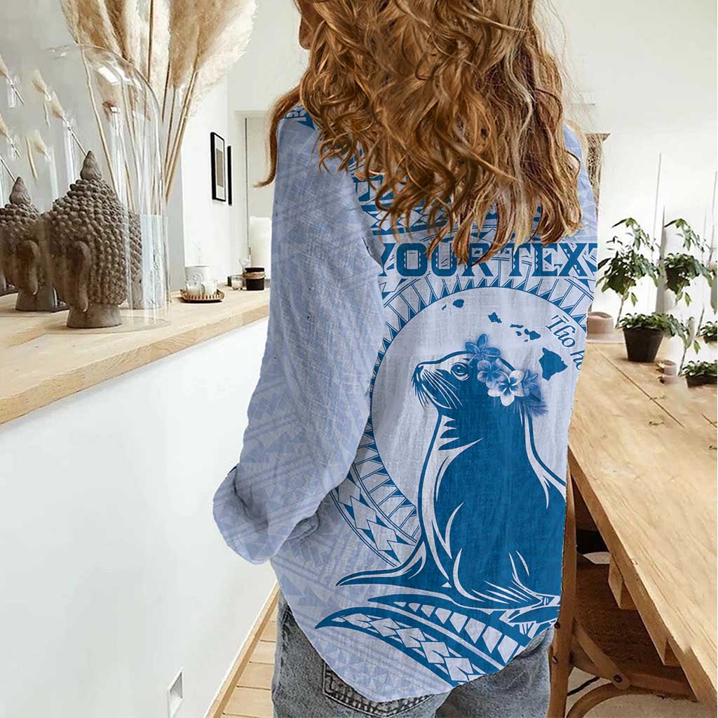 Personalised Hawaii Monk Seal Women Casual Shirt Polynesian Tattoo With Tropical Flowers - Blue Pastel LT14 - Polynesian Pride