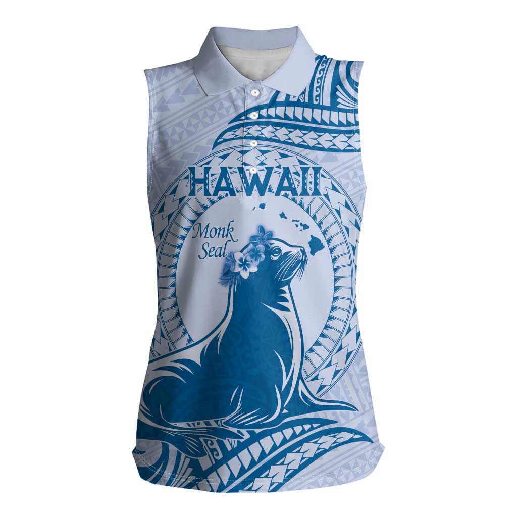 Personalised Hawaii Monk Seal Women Sleeveless Polo Shirt Polynesian Tattoo With Tropical Flowers - Blue Pastel LT14 Female Blue - Polynesian Pride