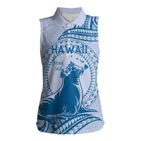 Personalised Hawaii Monk Seal Women Sleeveless Polo Shirt Polynesian Tattoo With Tropical Flowers - Blue Pastel LT14 Female Blue - Polynesian Pride