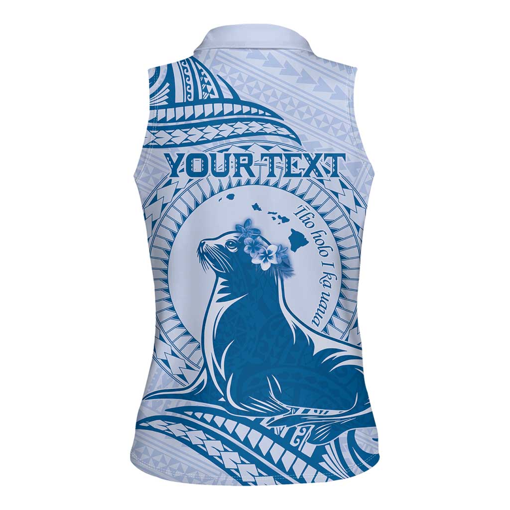 Personalised Hawaii Monk Seal Women Sleeveless Polo Shirt Polynesian Tattoo With Tropical Flowers - Blue Pastel LT14 - Polynesian Pride