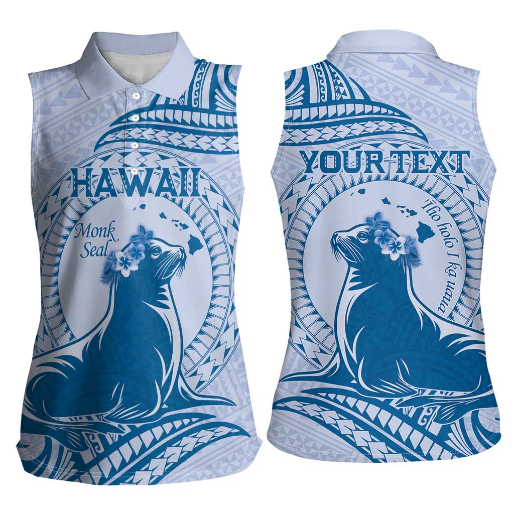 Personalised Hawaii Monk Seal Women Sleeveless Polo Shirt Polynesian Tattoo With Tropical Flowers - Blue Pastel LT14 - Polynesian Pride