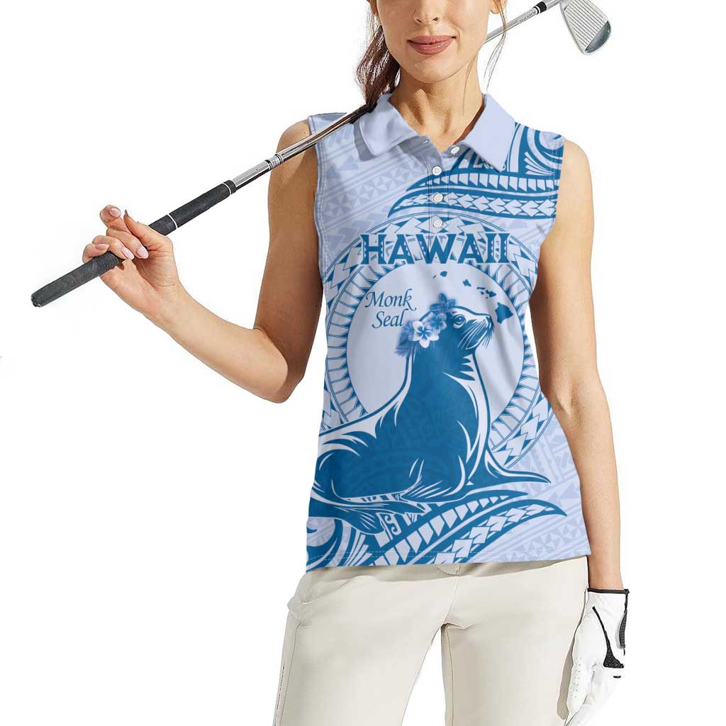 Personalised Hawaii Monk Seal Women Sleeveless Polo Shirt Polynesian Tattoo With Tropical Flowers - Blue Pastel LT14 - Polynesian Pride