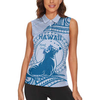 Personalised Hawaii Monk Seal Women Sleeveless Polo Shirt Polynesian Tattoo With Tropical Flowers - Blue Pastel LT14 - Polynesian Pride