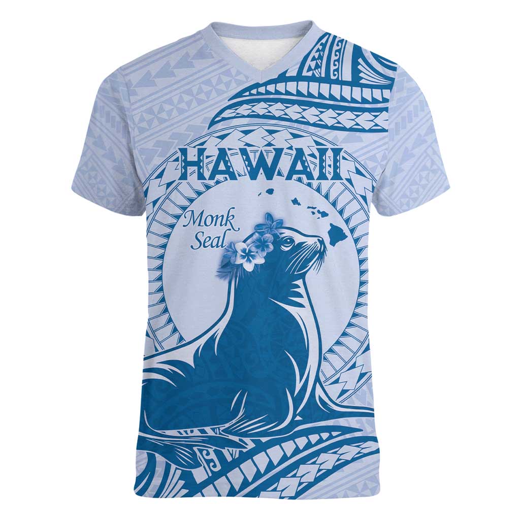 Personalised Hawaii Monk Seal Women V-Neck T-Shirt Polynesian Tattoo With Tropical Flowers - Blue Pastel LT14 Female Blue - Polynesian Pride