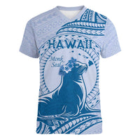 Personalised Hawaii Monk Seal Women V-Neck T-Shirt Polynesian Tattoo With Tropical Flowers - Blue Pastel LT14 Female Blue - Polynesian Pride