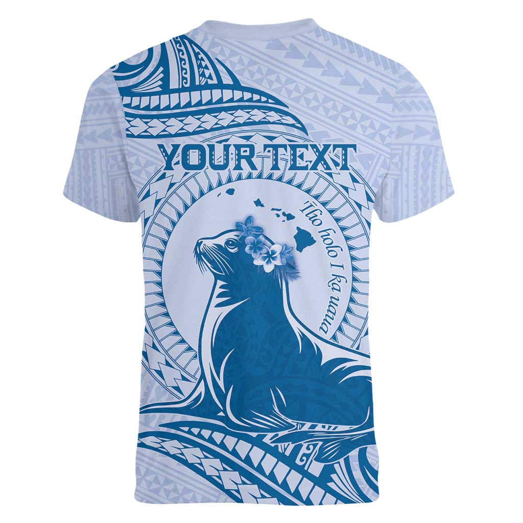 Personalised Hawaii Monk Seal Women V-Neck T-Shirt Polynesian Tattoo With Tropical Flowers - Blue Pastel LT14 - Polynesian Pride