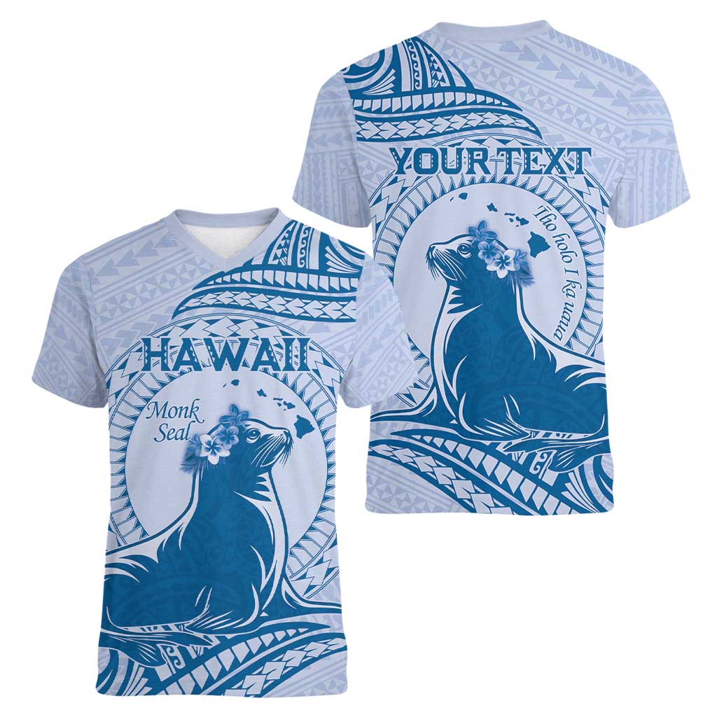 Personalised Hawaii Monk Seal Women V-Neck T-Shirt Polynesian Tattoo With Tropical Flowers - Blue Pastel LT14 - Polynesian Pride