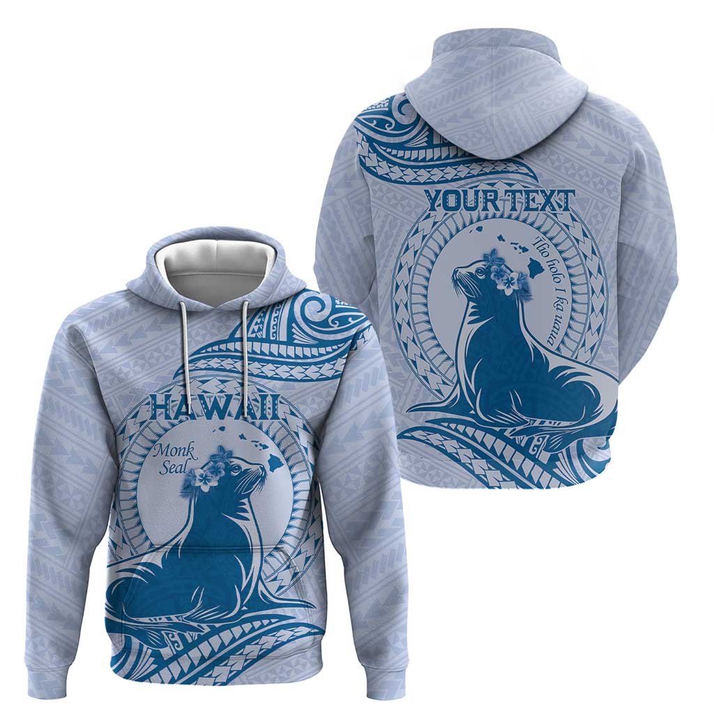 Personalised Hawaii Monk Seal Zip Hoodie Polynesian Tattoo With Tropical Flowers - Blue Pastel