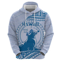 Personalised Hawaii Monk Seal Zip Hoodie Polynesian Tattoo With Tropical Flowers - Blue Pastel
