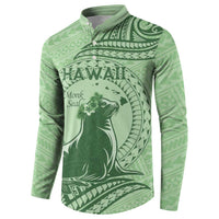 Personalised Hawaii Monk Seal Button Sweatshirt Polynesian Tattoo With Tropical Flowers - Green Pastel LT14 - Polynesian Pride