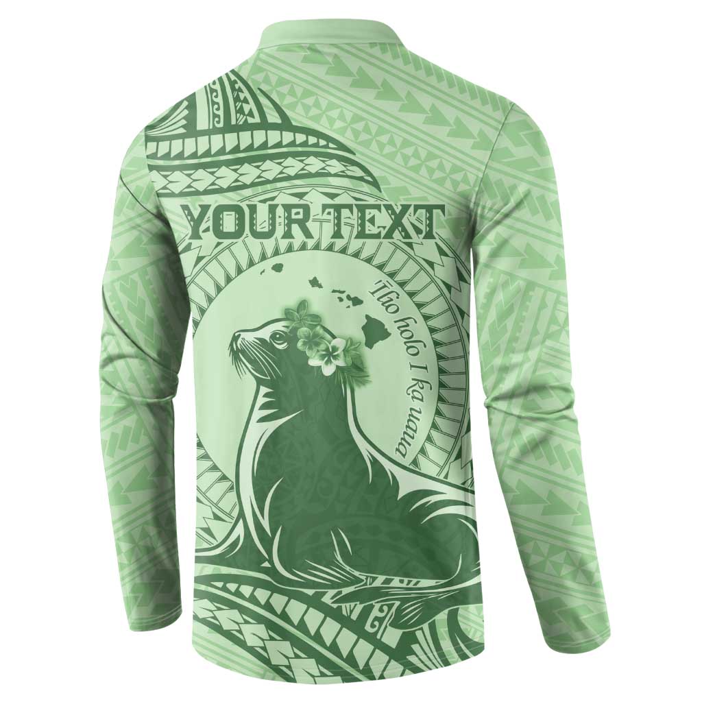 Personalised Hawaii Monk Seal Button Sweatshirt Polynesian Tattoo With Tropical Flowers - Green Pastel LT14 - Polynesian Pride