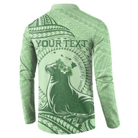 Personalised Hawaii Monk Seal Button Sweatshirt Polynesian Tattoo With Tropical Flowers - Green Pastel LT14 - Polynesian Pride
