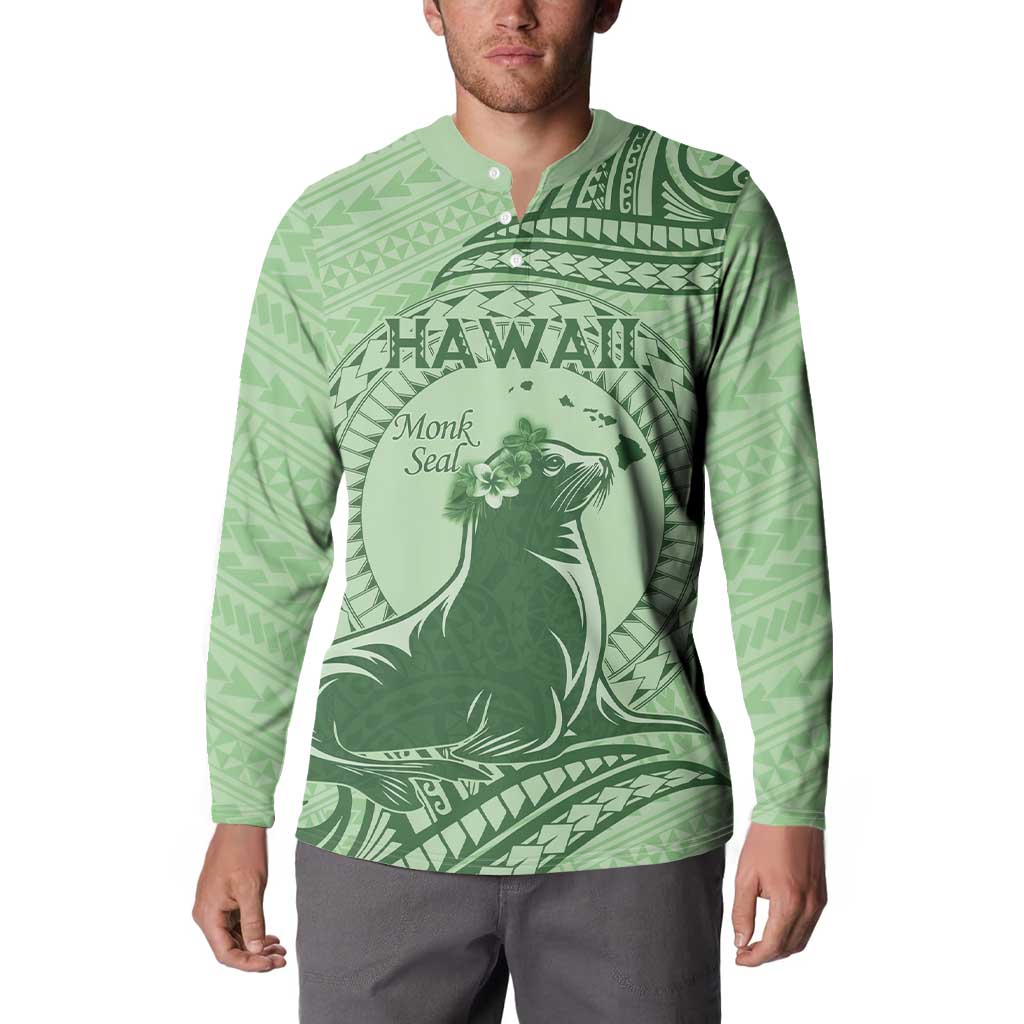 Personalised Hawaii Monk Seal Button Sweatshirt Polynesian Tattoo With Tropical Flowers - Green Pastel LT14 - Polynesian Pride