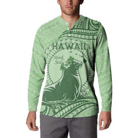Personalised Hawaii Monk Seal Button Sweatshirt Polynesian Tattoo With Tropical Flowers - Green Pastel LT14 - Polynesian Pride