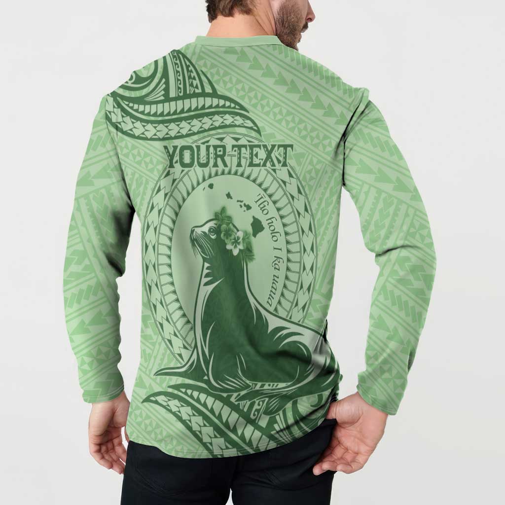Personalised Hawaii Monk Seal Button Sweatshirt Polynesian Tattoo With Tropical Flowers - Green Pastel LT14 - Polynesian Pride