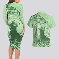 Personalised Hawaii Monk Seal Couples Matching Long Sleeve Bodycon Dress and Hawaiian Shirt Polynesian Tattoo With Tropical Flowers - Green Pastel LT14 - Polynesian Pride
