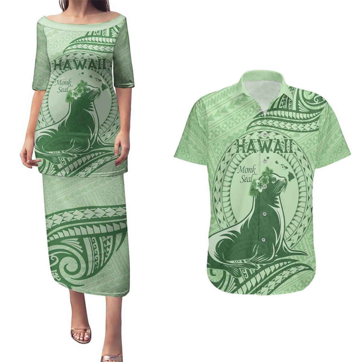 Personalised Hawaii Monk Seal Couples Matching Puletasi and Hawaiian Shirt Polynesian Tattoo With Tropical Flowers - Green Pastel LT14 Green - Polynesian Pride