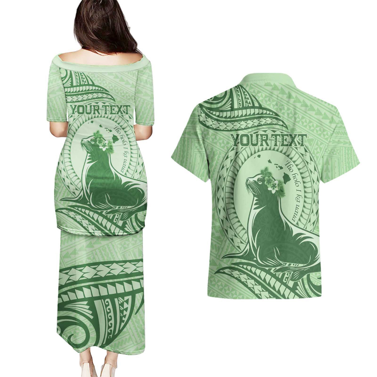 Personalised Hawaii Monk Seal Couples Matching Puletasi and Hawaiian Shirt Polynesian Tattoo With Tropical Flowers - Green Pastel LT14 - Polynesian Pride