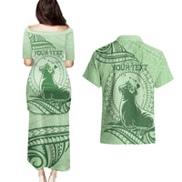 Personalised Hawaii Monk Seal Couples Matching Puletasi and Hawaiian Shirt Polynesian Tattoo With Tropical Flowers - Green Pastel LT14 - Polynesian Pride