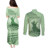 Personalised Hawaii Monk Seal Couples Matching Puletasi and Long Sleeve Button Shirt Polynesian Tattoo With Tropical Flowers - Green Pastel LT14 - Polynesian Pride