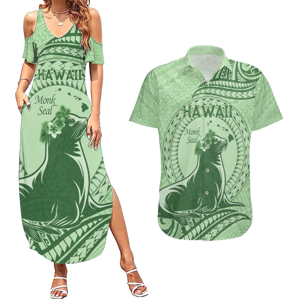 Personalised Hawaii Monk Seal Couples Matching Summer Maxi Dress and Hawaiian Shirt Polynesian Tattoo With Tropical Flowers - Green Pastel