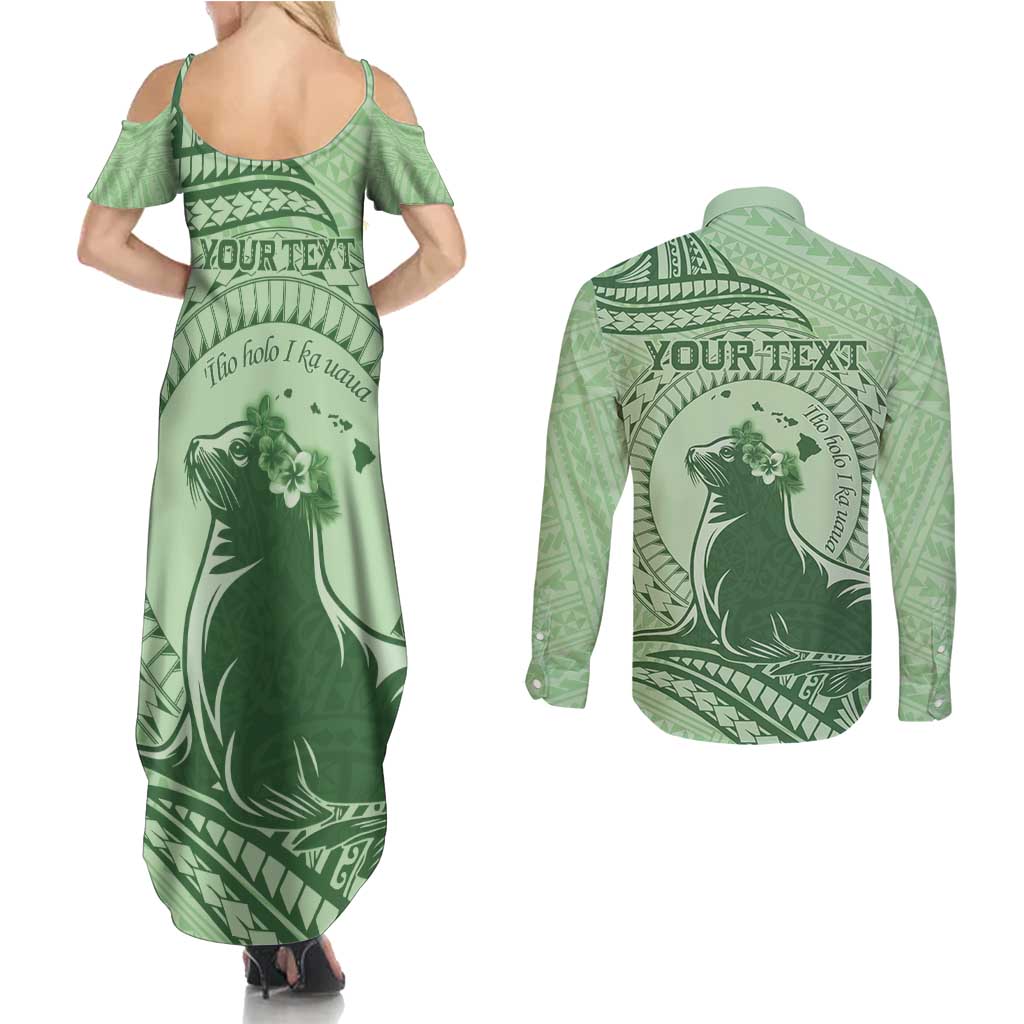 Personalised Hawaii Monk Seal Couples Matching Summer Maxi Dress and Long Sleeve Button Shirt Polynesian Tattoo With Tropical Flowers - Green Pastel