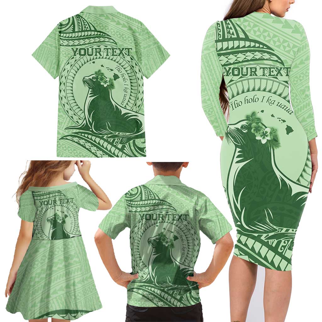 Personalised Hawaii Monk Seal Family Matching Long Sleeve Bodycon Dress and Hawaiian Shirt Polynesian Tattoo With Tropical Flowers - Green Pastel