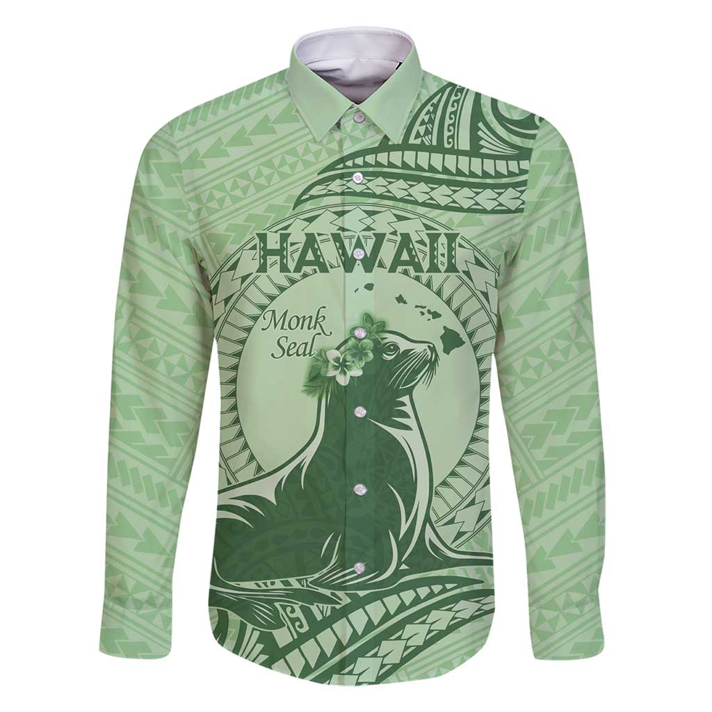 Personalised Hawaii Monk Seal Family Matching Long Sleeve Bodycon Dress and Hawaiian Shirt Polynesian Tattoo With Tropical Flowers - Green Pastel