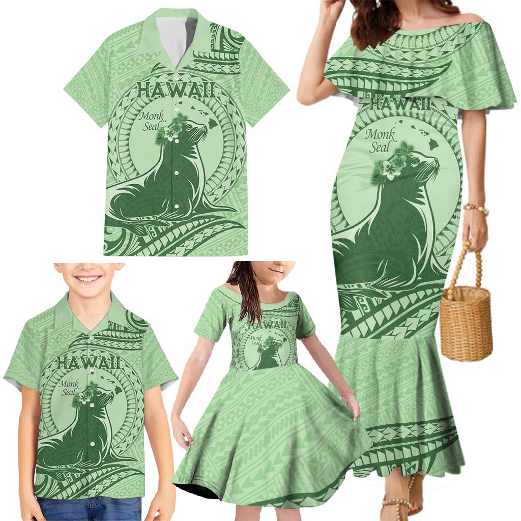 Personalised Hawaii Monk Seal Family Matching Mermaid Dress and Hawaiian Shirt Polynesian Tattoo With Tropical Flowers - Green Pastel LT14 - Polynesian Pride