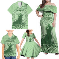 Personalised Hawaii Monk Seal Family Matching Off Shoulder Maxi Dress and Hawaiian Shirt Polynesian Tattoo With Tropical Flowers - Green Pastel LT14 - Polynesian Pride