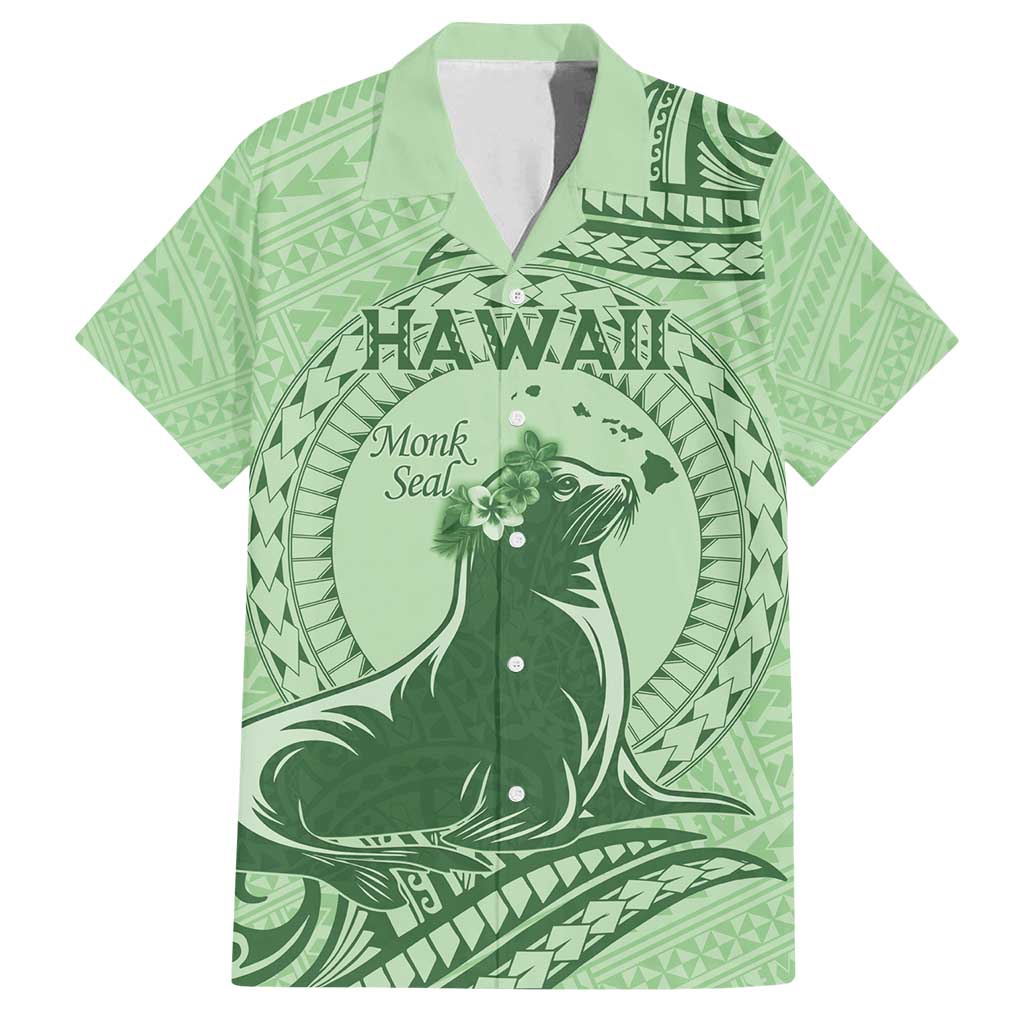 Personalised Hawaii Monk Seal Family Matching Off Shoulder Maxi Dress and Hawaiian Shirt Polynesian Tattoo With Tropical Flowers - Green Pastel LT14 Dad's Shirt - Short Sleeve Green - Polynesian Pride