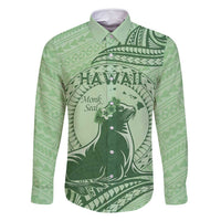 Personalised Hawaii Monk Seal Family Matching Off Shoulder Maxi Dress and Hawaiian Shirt Polynesian Tattoo With Tropical Flowers - Green Pastel LT14 Dad's Shirt - Long Sleeve Green - Polynesian Pride