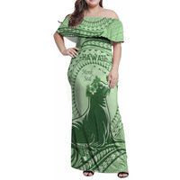 Personalised Hawaii Monk Seal Family Matching Off Shoulder Maxi Dress and Hawaiian Shirt Polynesian Tattoo With Tropical Flowers - Green Pastel LT14 Mom's Dress Green - Polynesian Pride
