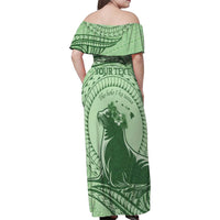 Personalised Hawaii Monk Seal Family Matching Off Shoulder Maxi Dress and Hawaiian Shirt Polynesian Tattoo With Tropical Flowers - Green Pastel LT14 - Polynesian Pride