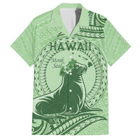 Personalised Hawaii Monk Seal Family Matching Puletasi and Hawaiian Shirt Polynesian Tattoo With Tropical Flowers - Green Pastel LT14 Dad's Shirt - Short Sleeve Green - Polynesian Pride
