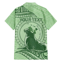 Personalised Hawaii Monk Seal Family Matching Puletasi and Hawaiian Shirt Polynesian Tattoo With Tropical Flowers - Green Pastel LT14 - Polynesian Pride