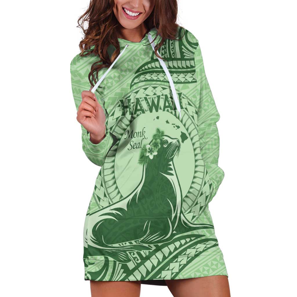 Personalised Hawaii Monk Seal Hoodie Dress Polynesian Tattoo With Tropical Flowers - Green Pastel LT14 Green - Polynesian Pride