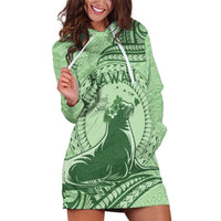 Personalised Hawaii Monk Seal Hoodie Dress Polynesian Tattoo With Tropical Flowers - Green Pastel LT14 Green - Polynesian Pride