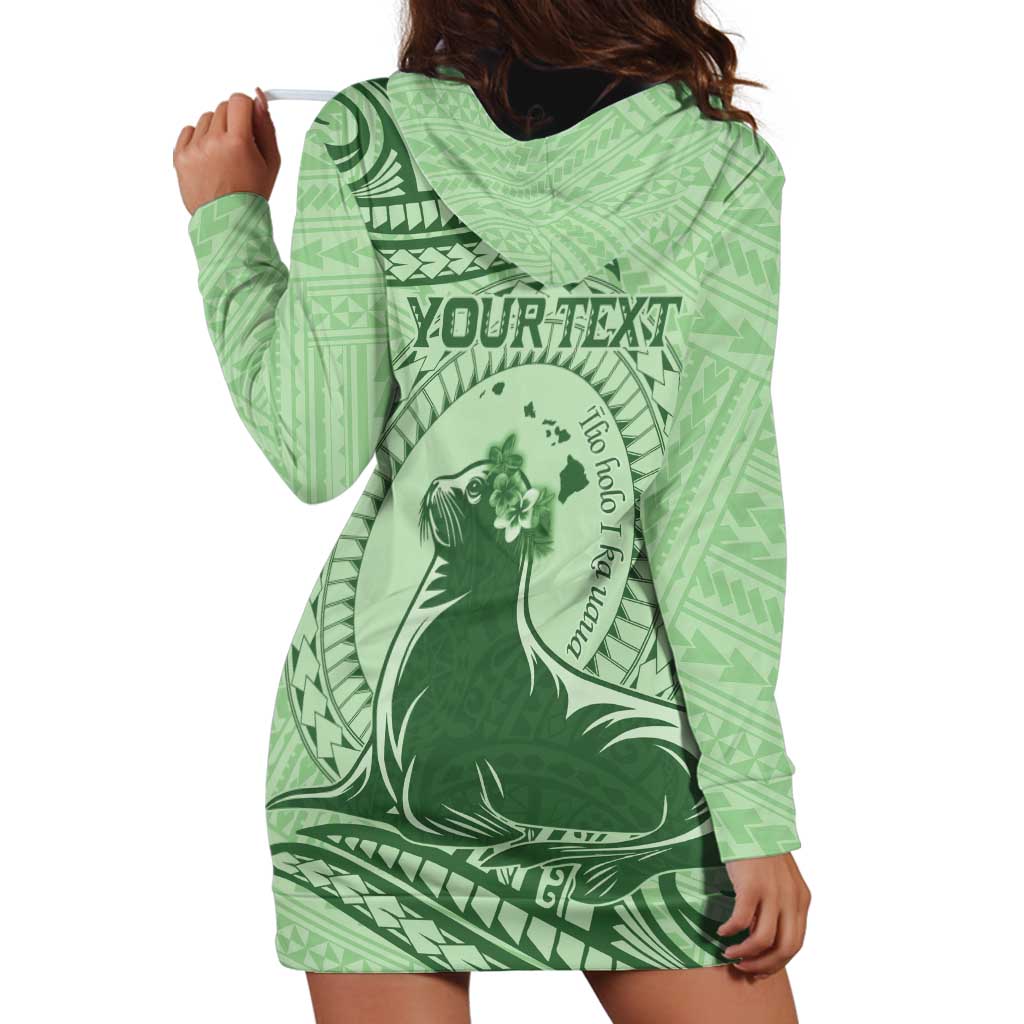 Personalised Hawaii Monk Seal Hoodie Dress Polynesian Tattoo With Tropical Flowers - Green Pastel LT14 - Polynesian Pride