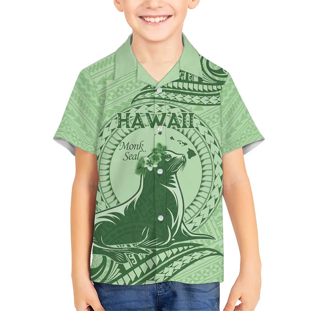 Personalised Hawaii Monk Seal Kid Hawaiian Shirt Polynesian Tattoo With Tropical Flowers - Green Pastel LT14 Kid Green - Polynesian Pride
